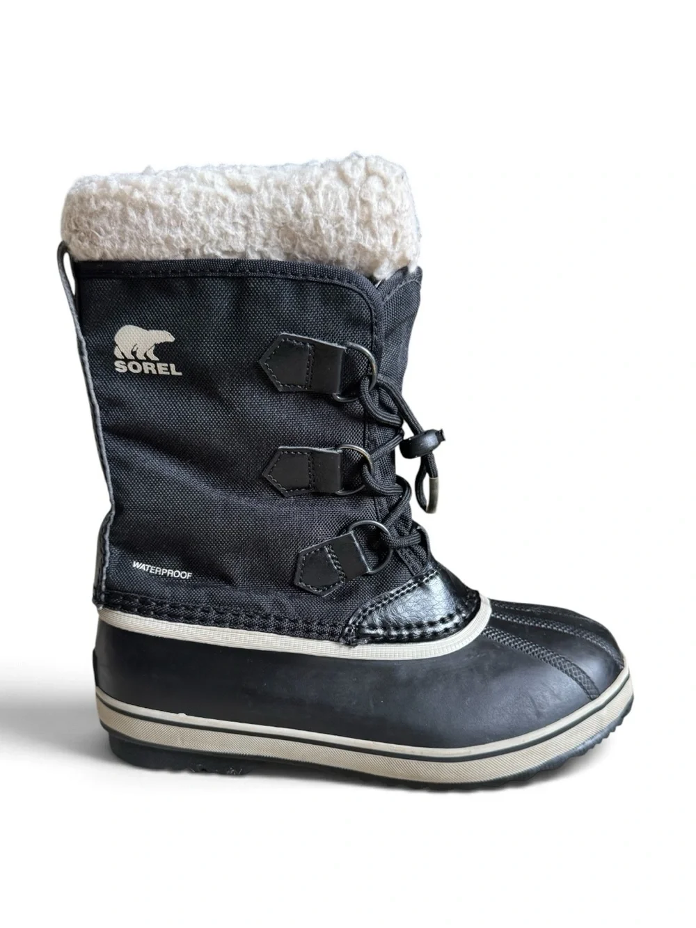 Sorel Yoot Pac Nylon Waterproof Snow Boots Black White Kids Size 3